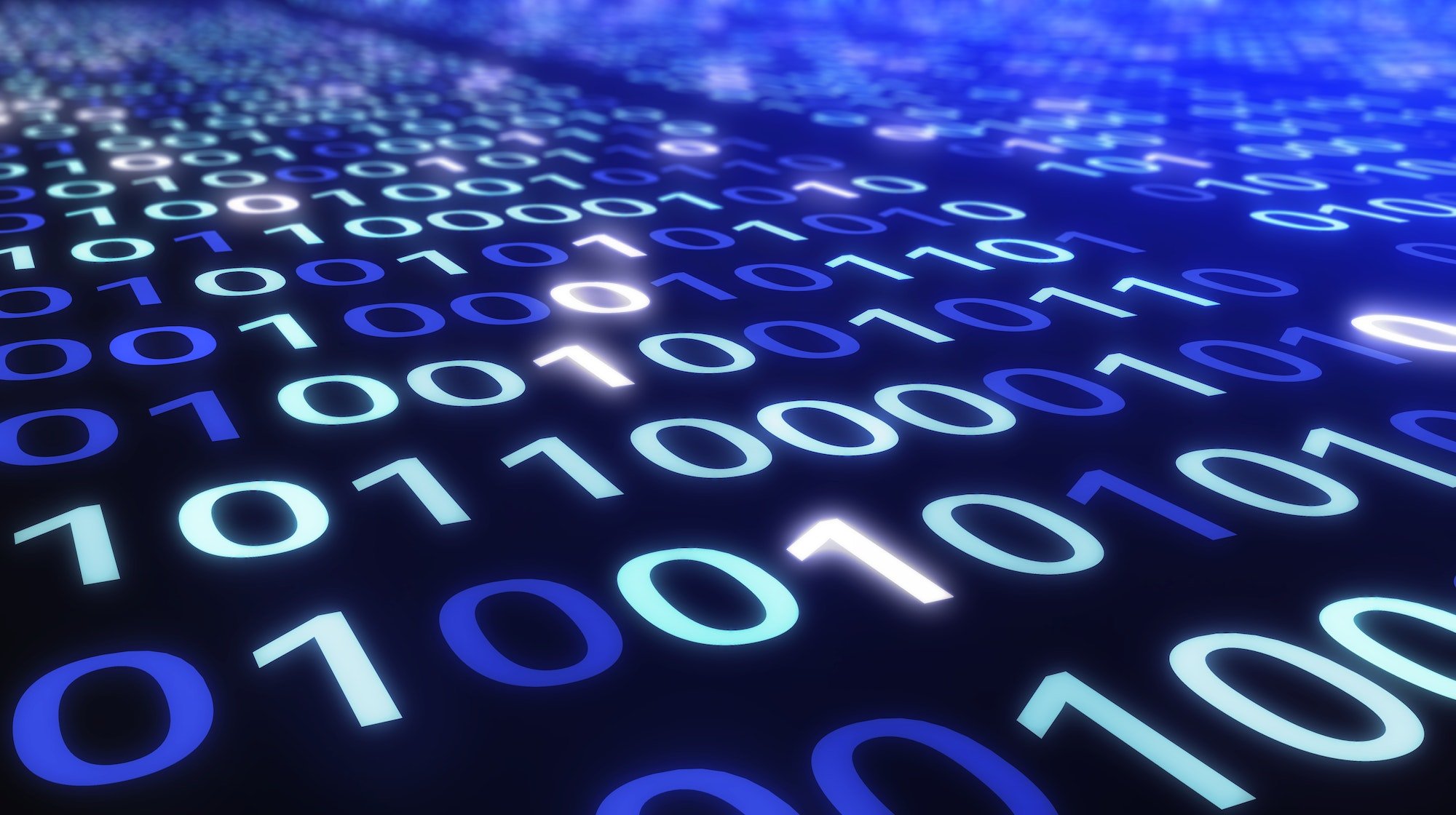 01 or binary data on the computer screen on black background