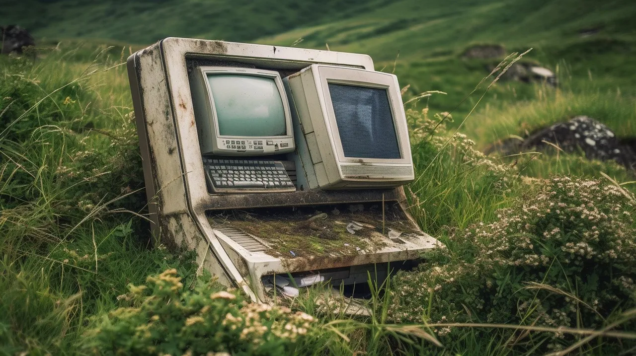 An old computer forever sitting in a grassy field.